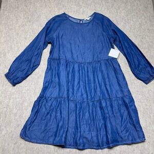 BeachLunchLounge Blue Denim Chambray‎ Tiered Long Sleeve Dress M NWT